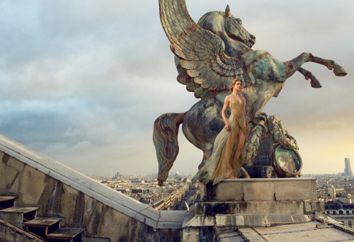 Natalia Vodianova with sculpture on The Paris Opera House (Palais Garnier) in “Grand Entr