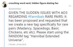 vulcanplomeeksoup:  avidreadr2004: shiphitsthefan:   If you’ve missed the latest fandom wank, here’s what’s going on. Madancy fics tagged “Hannibal (TV)” have been reported to AO3 as being tagged incorrectly, even when the “Hannibal (TV)