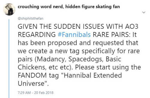 vulcanplomeeksoup:  avidreadr2004: shiphitsthefan:   If you’ve missed the latest fandom wank, here’s what’s going on. Madancy fics tagged “Hannibal (TV)” have been reported to AO3 as being tagged incorrectly, even when the “Hannibal (TV)
