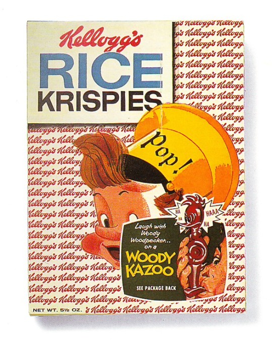 Kelloggs Rice Krispies Cereal Packaging, 1958. From the book, Shelf Space: Modern Package Design, 1945-1965 by Jerry Jankowski. Buy this book and enjoy the retro commercial designs from the past. #cereal box#rice krispies#1950s#1950s style#vintage packaging