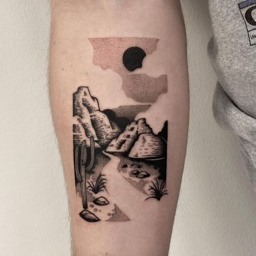 ig: giveuptattooing blackw;cactus;dots;landscape