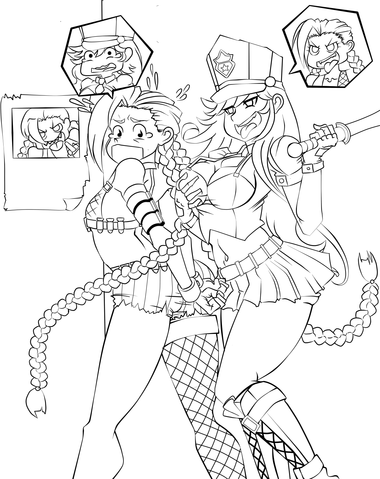can&rsquo;t wait to color them. jinx and caitlyn body swap, lineart. just had