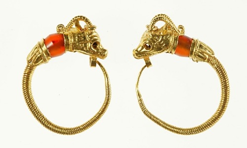 Gazelle-Head Earrings Macedonian-Ptolemaic Period (ca. 2nd-1st c. BCE) These beautiful gold and carn