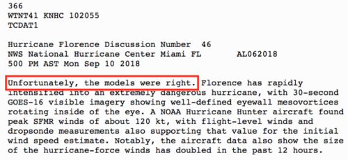 insert-nerdy-username-here: thehmarie1089:  your-reference-here:  This is from the forecast discussion of Major Hurricane Florence from this afternoon. As a meteorologist, when I saw this, my heart sank. They don’t use wording like this for every storm.