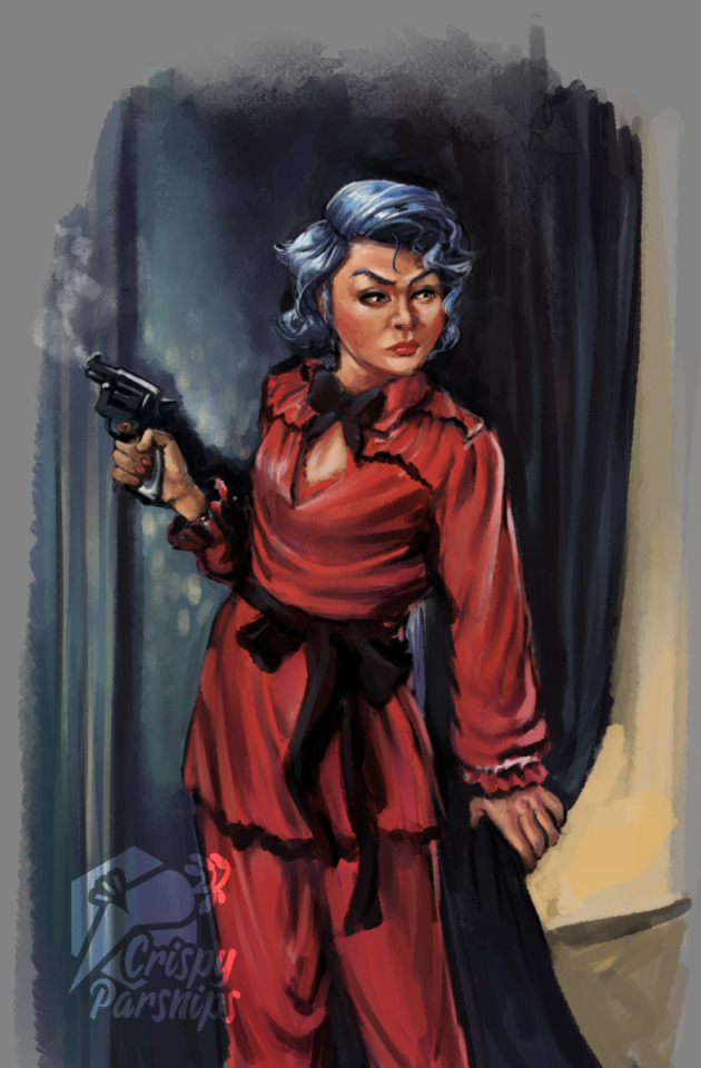 A loosely-made digital painting of a blue-haired man. He wears silk red nightwear with a black bow and loose, black fabric belt. Holding a smoking snub-nosed pistol in one hand, he pulls back the curtain he hides behind with the other, peeking around to the light interior.