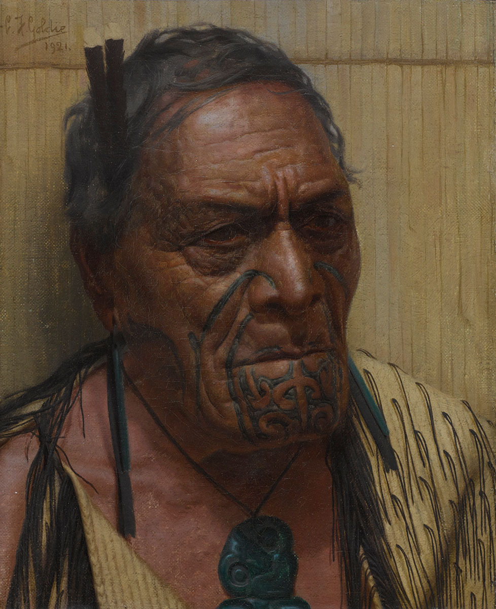 Charles Frederick Goldie (1870-1947) - Pokai (The Strategist) 1921
Oil on canvas. Painted in 1921.
10.4 x 8.7 inches, 26.5 x 22 cm. Estimate: Aus$300,000-400,000.
Sold Sotheby’s, Sydney, 16 May 2018 for Aus$366,000 incl B.P.
Note the huia feathers in...