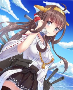 艦隊これくしょん、金剛（艦これ）、高解像度、ヘアバンド、ロングヘア、ニーソックス、ワイドスリーブ、jasterrr、machinery、water bottle、一人、分離袖、和服、女一人、アホ毛、瓶、カメラ目線、砲塔、笑顔、茶髪、非伝統的な巫女、黒い目