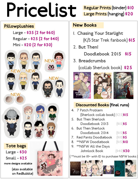 **This is not an online pricelist. Totes are available at Redbubble, but books, prints