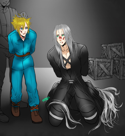 boomchickfanfiction: [Image description: In a dark, dingy room, Sephiroth kneels, surrounded by pile