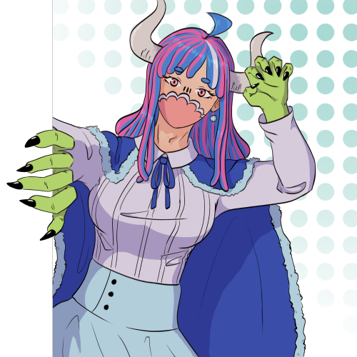 Image ID: [A digital drawing of Ulti from One Piece from the hips up. She's in her human form, minus her hands, which look like they do in her hybrid Zoan form. She's peeking around a corner at the camera, with a hand wrapping around the edge of the image and the other hand up by her face. The background is white with green dots.] End ID.