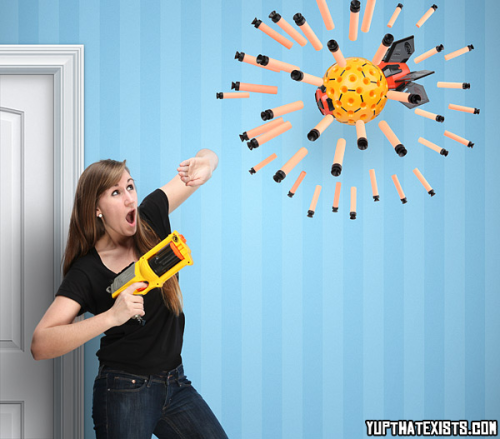 luigi-hikari-club:  prince-of-the-iron-fist:  yup-that-exists:  The Nerf Nuke Introducing the most epic Nerf weapon of all time! The Nerf Nuke is a rocket that launches in the air and shoots out 80 Nerf darts in every possible direction. It’s the holy