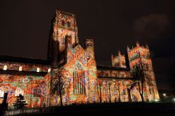 sacrismoon:From http://www.thejournal.co.uk/news/thousands-head-durham-lumiere-festival-6302997 “The Crown of Light” - projections featuring the Lindisfarne Gospels are illuminated upon Durham Cathedral