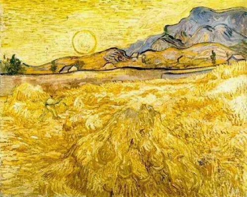 allthepainting:  Wheat Field with Reaper and Sun, Artist: Van Gogh, painting reproductions 