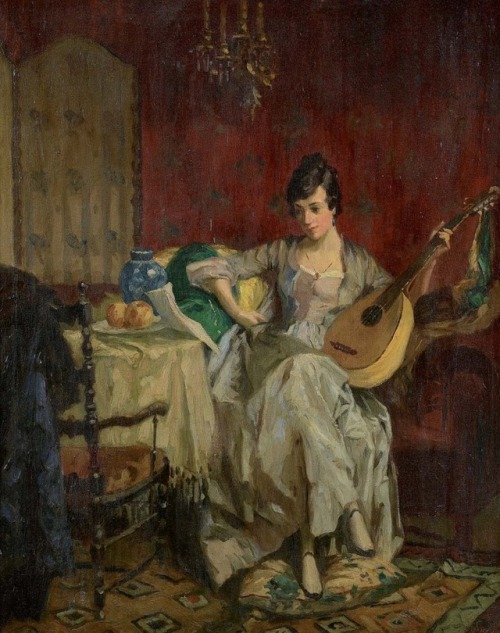 Konstantin Andreevich Somov (1869-1939) - Femme à la Mandoline, huile sur toile, 86 x 71 cm.