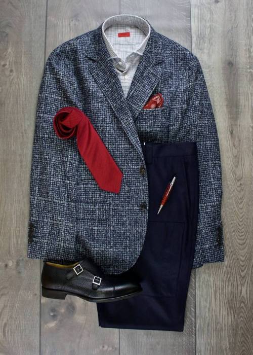 Wednesday fall fashion lay-down~ Cashmere blue check jacket by Brunello Cucinelli~ Red\Gray shirt by