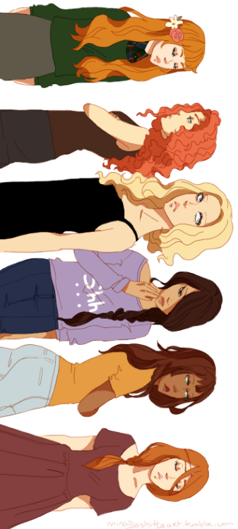 minallysshittyart:  Some PJO girls, counting from the top: Juniper, Rachel, Annabeth, Reyna, Piper a