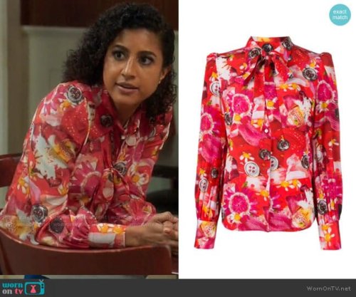 Mikaela’s pink floral and button print blouse on Mr Mayor Tie neck floral print silk blouse by Marc