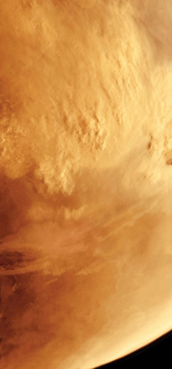 A global dust storm blankets the surface of Mars; photographed by Viking Orbiter 2 in 1977.