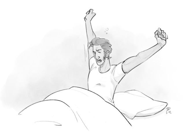 a grayscale drawing of leo caruso, sitting in bed, yawning and stretching