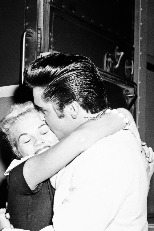 vinceveretts:Original Caption:  Elvis Presley embraces Anita Wood, 19-year-old Memphis