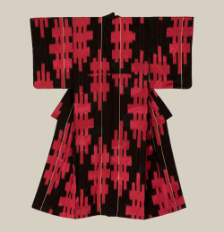 thekimonogallery:  A rinzu silk kimono featuring black abstract motifs on a red background.  Early Showa period (1927-1940), Japan.  The Kimono Gallery 