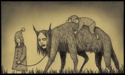 jedavu:  Born in Denmark in 1978, John Kenn spends his days writing and directing television shows for kids. When he has time between TV and his twins, he draws his creepy little monster drawings on post-it notes, peeking into a little window into a diffe