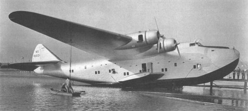 redarmyscreaming:Boeing 314 Clipper was an American long-range flying boat  produced by Boeing from 1938 to 1941. One of the largest aircraft of its  time, it had the range to cross the Atlantic and Pacific oceans. For  its wing, Boeing re-used the design