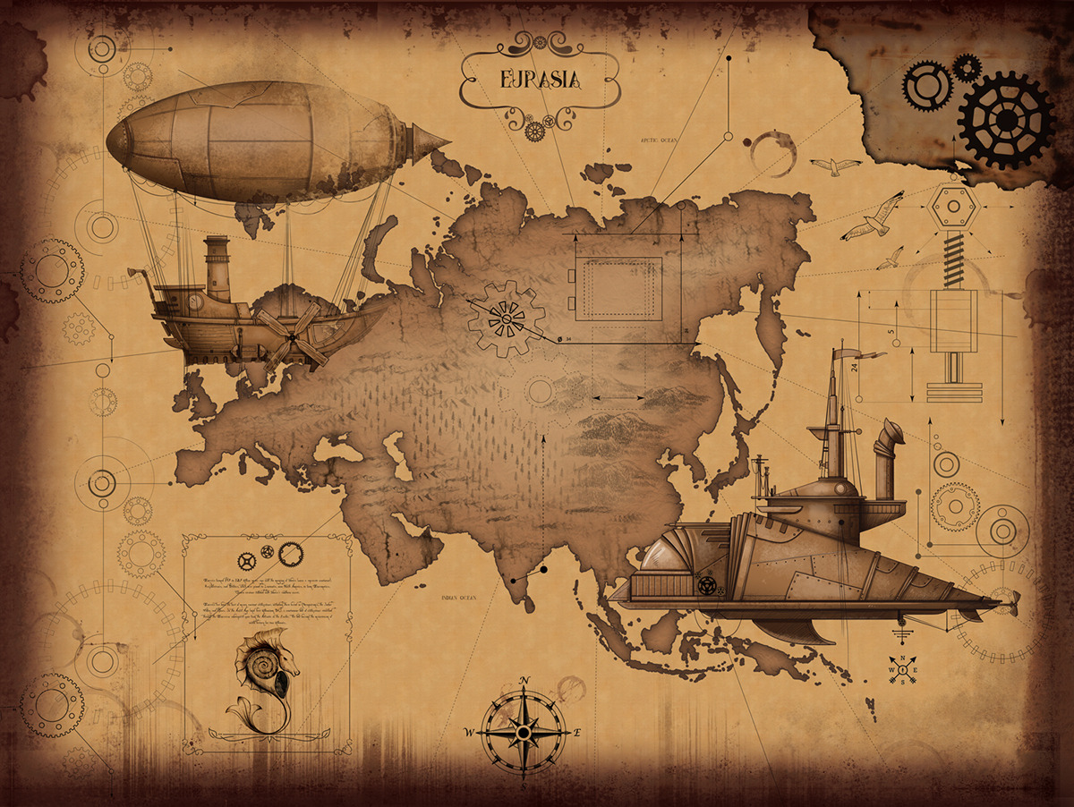 steampunktendencies:  Where in the world are you? Steampunk World Map by Diana Costin