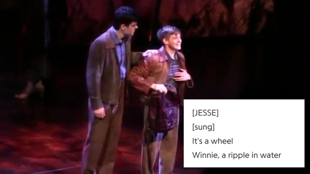 A screenshot from the finale of the Tuck Everlasting musical on broadway. It shows Jesse tuck and Miles tuck on screen, with the lyrics "Its a wheel. Winnie, a ripple in water" sung by Jesse.