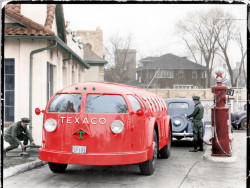 historicaltimes:  One of 6 ever built, a 1934 Texaco Diamond T Doodlebug tanker truck. The Diamond T Doodlebug’s body was made by Heil Co. None are known to exist today. Colorized image Read More 