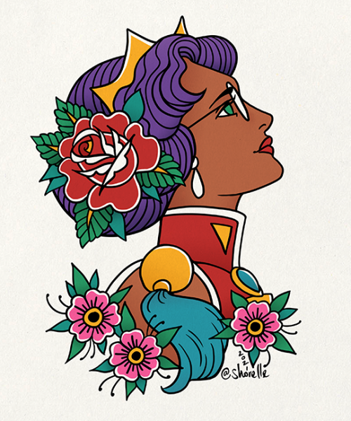 Anthy x Utena, as traditional tattoo flash portraits 