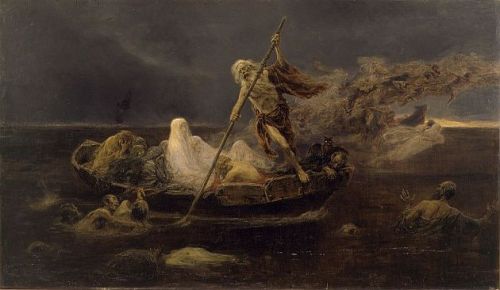 The Boat of Charon (1919) by José Benlliure y Gil (1858-1937). Charon is the ferryman of Hades who c