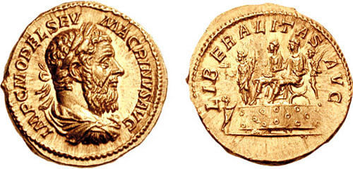 Aureus of the short-lived Roman emperor Macrinus (r. 217-218 CE).  On the obverse, Macrinus, wearing