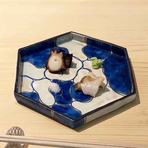 Tsubugai (whelk) and octopus, squid, and Nodoguro (Rosy seabass) • 311ONZ by LDH kitchen, Tokyo JAPA