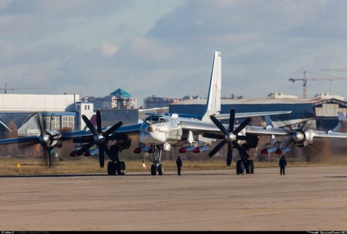 centreforaviation:A Tu-95 bomber loaded for bear with 8 cruise missiles
