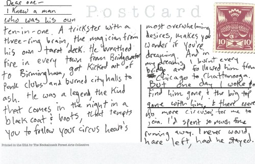rustbeltjessie:Postcards from the Circus, 5: Dear One (The Art of Burning Bridges and Grinning Broad