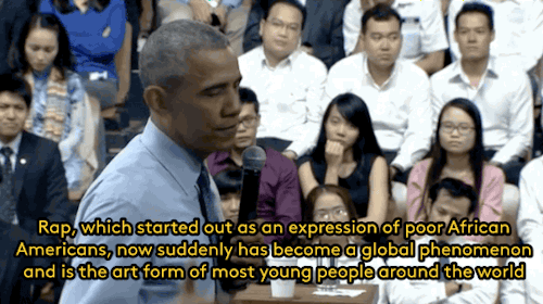 profeminist:  refinery29:   President Obama just perfectly captured what it’s like to love hip hop without ignoring its problems The woman he’s speaking to is a Vietnamese rapper named Suboi, who rapped to the President about financial inequality.