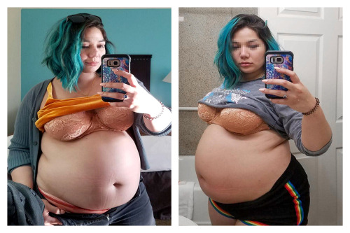 2 views of a beautiful, bounteous belly brought on by this gorgeous gal&rsquo;s glorious glutton