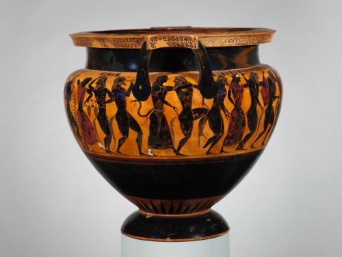 didoofcarthage:Terracotta column-krater with satyrs and maenads, attributed to LydosGreek (Attic), A
