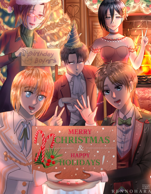 Attack on Titan, AOT Christmas Merry Christmas and Happy Birthday, Levi!  ps: mikasa is putting on t