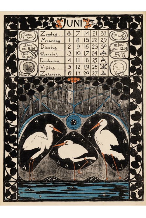 Theodoor Willem Nieuwenhuis, calendar, june leave with storks, 1896. Netherlands. Wolfsonian Blog