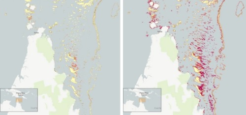 Two geographic maps of a peninsula in northern Queensland, Australia. Coral reefs are marked in yellow and orange in the left-hand map (the stuff we knew about), and the right-hand map adds the newly discovered coral reef area in red. The right-hand (updated) map shows what seems like 30% to 40% more coral reefs.