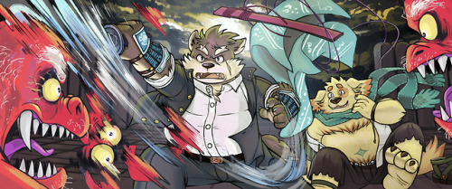 Moritaka and Cu Sith, from Tokyo Afterschool Summoners.