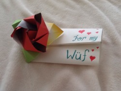 What my I came home to, from my dearest kitty, after a long trip.  An origami flower and a love letter.