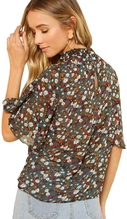 Floerns floral print high neck ruffle short sleeve chiffon blouse