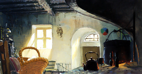 Howl’s Moving Castle concept art - Living Room in Howl’s Castle  “The room only has one window so I first conceived a drawing where a single ray of light shined against a post in the dark room. I made the drawing just to convey the atmosphere,