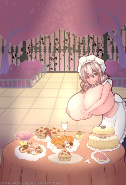 ofamightdivine:  Woop! Commission for Mr. Wolf :3! He requested Sakuya from Touhou project being all busty and milky and serving sweet treats :9 with milk of course :v Thanks a lot Mr. Wolf :D!!! Hope you liked it and to everyone else, enjoy :°   Sakuya