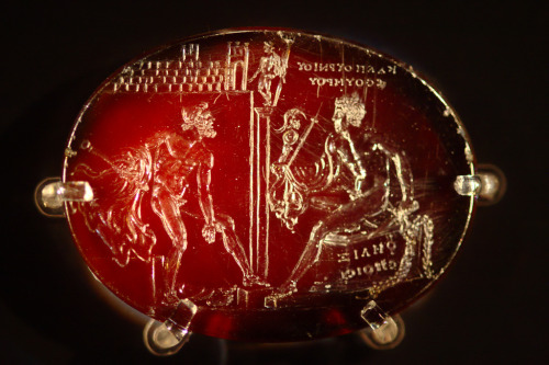 antiquitystuff:This small sardonyx intaglio is called the ‘Felix Gem’ as it includes the engraver’s 