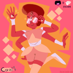 khozen:  my take on a possible pearlnet fusion gem, coral! I like to think she’d look though and cool at first but ultimately ended up being just a giant over confident nerd. I thought about doing just a lil illust but then things got out of hand.