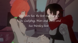 rwby-confessions:  werewolfchaosThis show has the best ship names. I like Ladybug, Nuts and Dolts and Sea Monkey best.